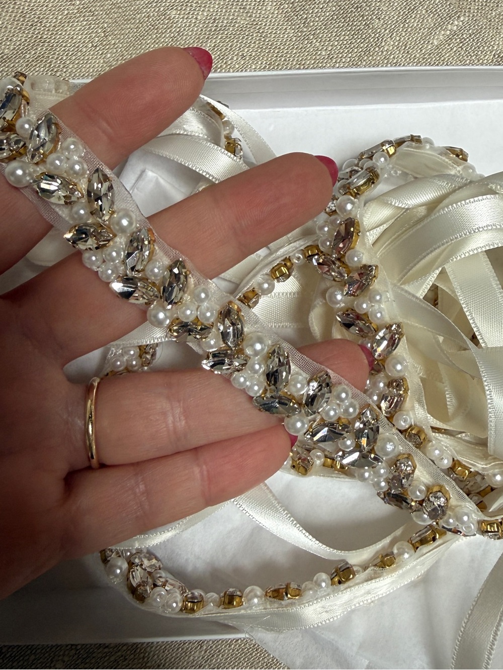 34” Bridal Sash Ivory Crystal Embellished Gold-Tone Belt Handmade - Picture 4 of 4